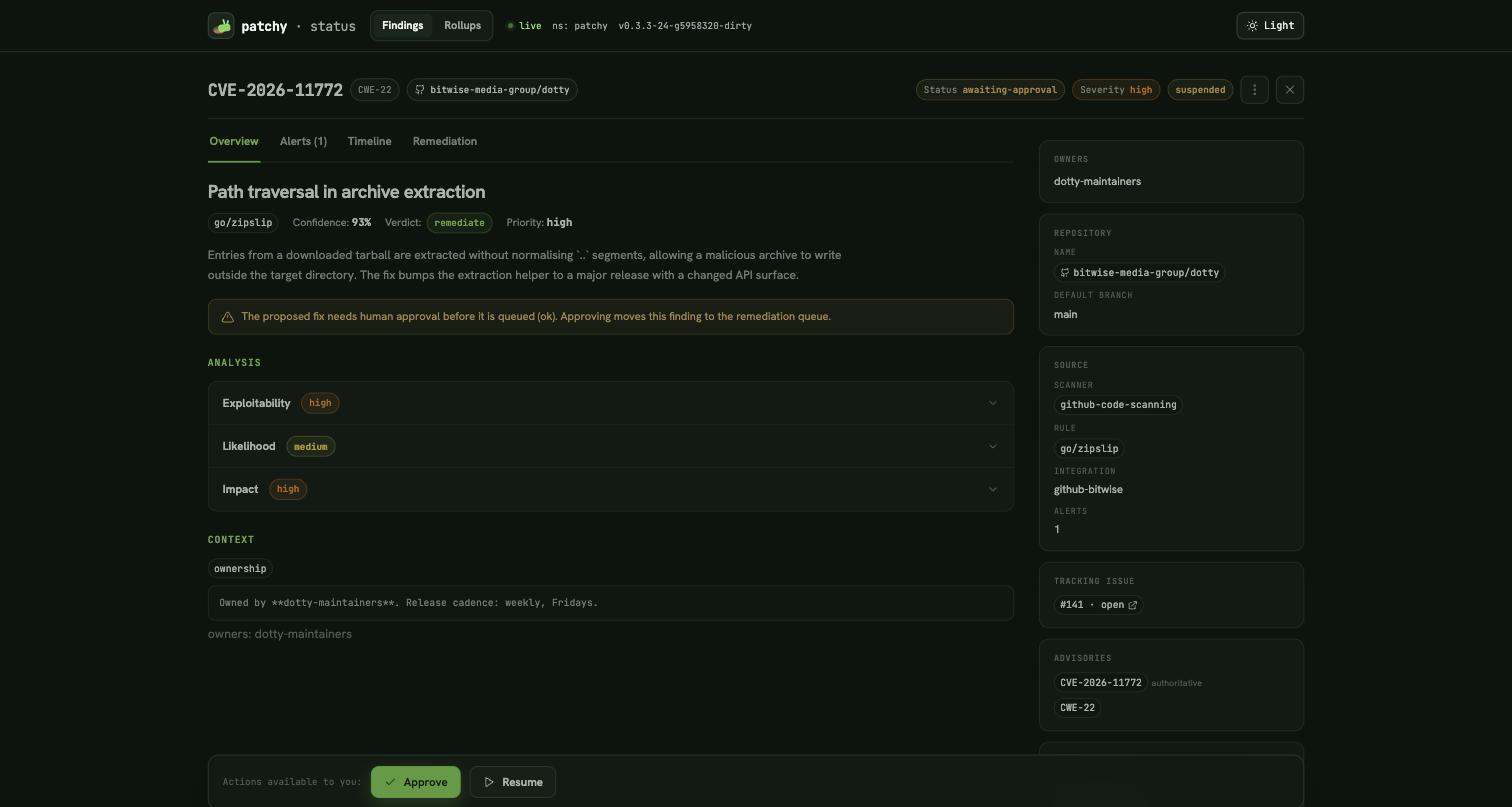 A finding awaiting approval, with the action bar